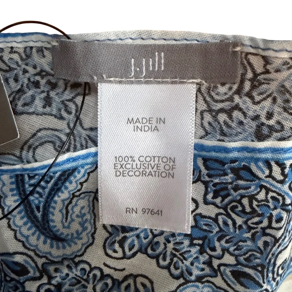 J. Jill Blue White Beige Paisley Striped 100% Cotton Triangle Scarf Tassels Boho